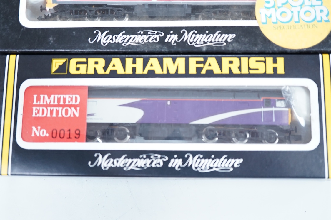 Four boxed Graham Farish N gauge railway Class 47 diesel locomotives; a Porterbrook, 47 817 (LE801A), a Network SouthEast, 47 582 (8018), a Great Western, SS Great Britain 47813, (8002) and a Parcels, Track 29 47479 (802